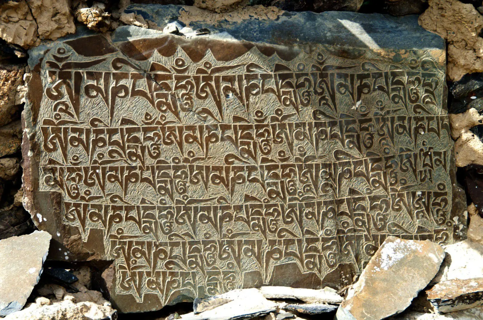 Mani Stones religious rocks object engraved Tibetan Buddhist mantra, Ladakh, India