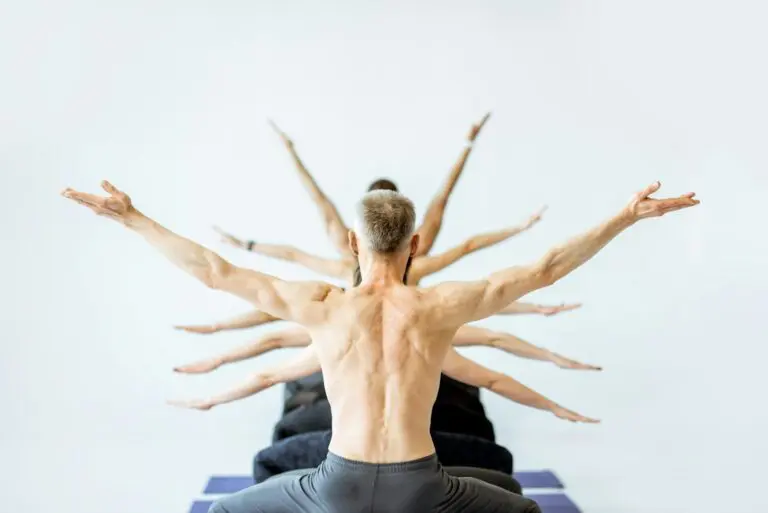 Man in yoga pose with multiple arms on the background